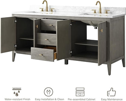 HOMEBEYOND 72" Bathroom Vanity with Double Sink, Solid Wood Bathroom Vanity Free-Standing Cabinet, Ceramic Top & Soft Closing Door, Golden Brushed Handware, Driftwood Gray