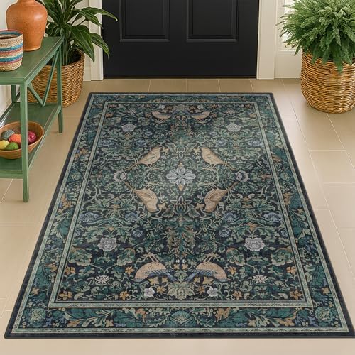 Blue 3x6 Washable Rug for Large Entryway - Boho Bird Rugs for Kitchen, Bedroom Bedside, Indoor Entrance Door Mat with Woodland Flowers, Non-Slip Stain Resistant Low Pile