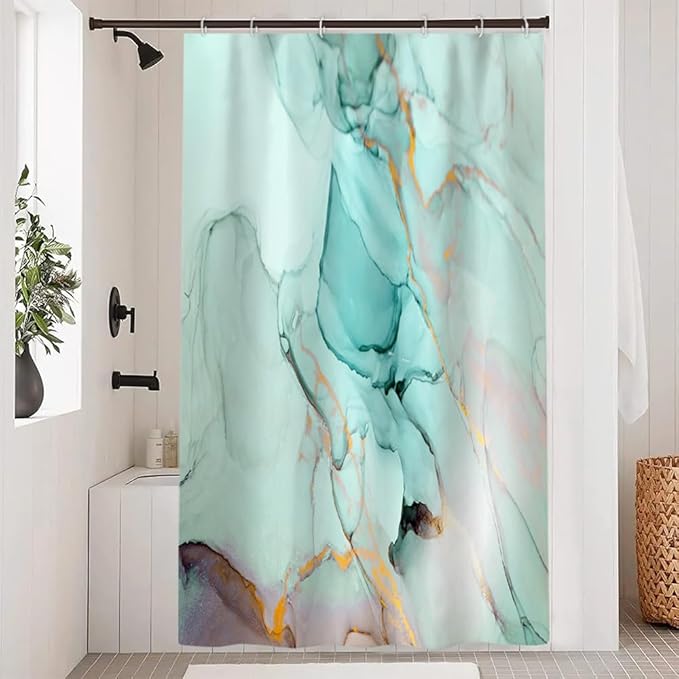 Turquoise Shower Curtain, Modern Teal Marble Shower Curtain for Bathroom Aesthetic Ink Texture Waterproof Shower Curtain Set with Hooks, 48x72 Inch