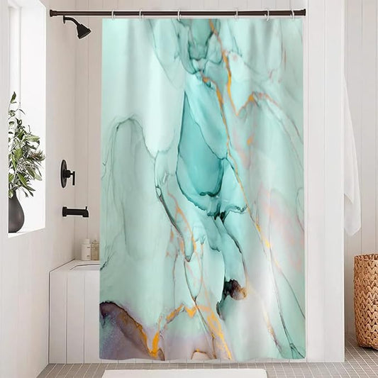 Turquoise Shower Curtain, Modern Teal Marble Shower Curtain for Bathroom Aesthetic Ink Texture Waterproof Shower Curtain Set with Hooks, 48x72 Inch