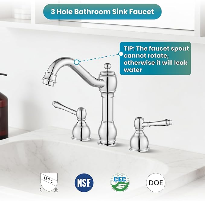 gotonovo 8 Inch Widespread Bathroom Faucets for Sink 3 Hole 2 Lever Handle Deck Mount with Pop Up Drain Hot and Cold Water Supply Lines Polish Chrome