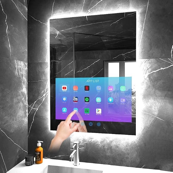 32"x24" Smart Waterproof Anti-Fog Vanity Mirror with 21.5" Touch Screen TV | Adjustable 3-Color LED, Bluetooth/WiFi/HDMI, Android OS, Streaming Apps, For Bathroom & Bedroom