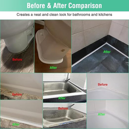 White Caulk Tape Bathroom Easy DIY Sealant Solution Peel & Stick for Bathtubs Toilets Walls Floors Tiles Wallpaper Edges, Quick & Mess-Free Waterproof Sealing, Create a Clean Finished Look in Minutes