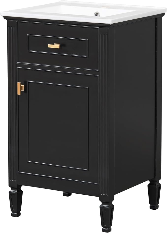 GDFStudio Hawthorne 20" Modern Bathroom Vanity with Sink, Freestanding Bathroom Vanity Organizer with Tilt Out Drawer, Adjustable Shelf and Solid Wood Legs, Single Sink Bathroom Vanity, Black