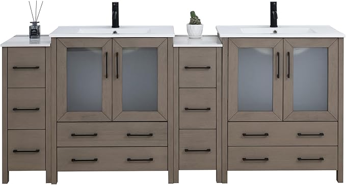 Vanity Art 84 Inch Under Mount Double Sink Bathroom Vanity Cabinet with 2 Mirrors, Ceramic Top Bathroom Cabinet Compact Set with 10 Dovetail Storage Drawers and Matte Black Handles, VA3030-84-DG
