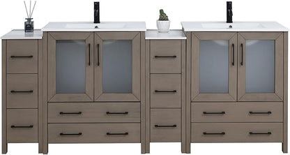 Vanity Art 84 Inch Under Mount Double Sink Bathroom Vanity Cabinet with 2 Mirrors, Ceramic Top Bathroom Cabinet Compact Set with 10 Dovetail Storage Drawers and Matte Black Handles, VA3030-84-DG