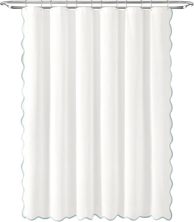 Lush Decor Coastal Chic Scallop Edge Linen-Textured Shower Curtain, Single 72" W x 72" L, Blue & White - Scalloped Shower Curtains - Coastal Bathroom Curtain