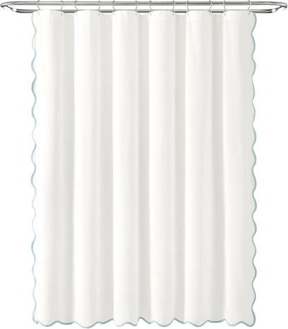 Lush Decor Coastal Chic Scallop Edge Linen-Textured Shower Curtain, Single 72" W x 72" L, Blue & White - Scalloped Shower Curtains - Coastal Bathroom Curtain
