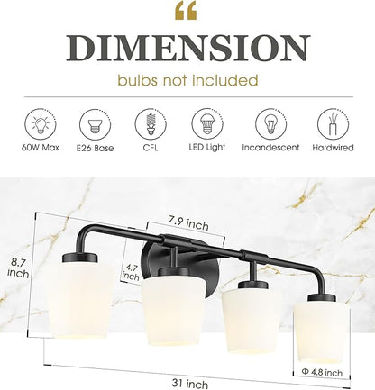 Bathroom Light Fixtures Over Mirror, 4-Light Matte Black Vanity Lighting Fixtures with Milk White Glass, Vintage Farmhouse Wall Sconces Lighting, AD-22004-4W-BK