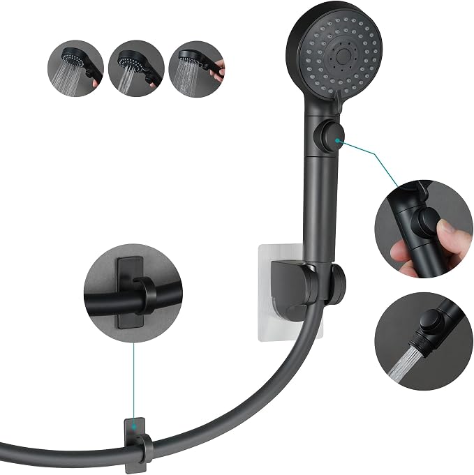 GwernKB Handheld Black Shower Head with Hose and On Off Switch,Water Saving | 3 Mode High Pressure Spray,for RV Camper,Bathroom,No Drilling Wall Mount Adhesive Shower Holder,Hose Guide Ring,No Hurt Wall