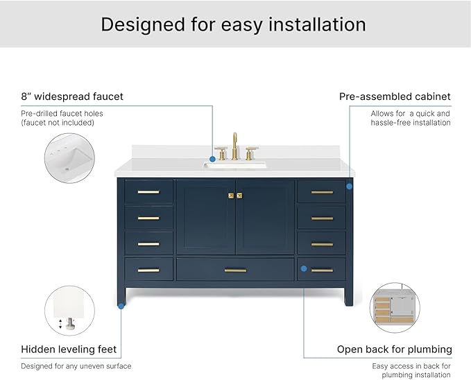 ARIEL Cambridge 60-inch Bathroom Vanity with Sink,Solid Wood, 1.5-inch Pure White Quartz Countertop, Single Rectangular Porcelain Sink, 2 Soft Closing Doors, 9 Dovetail Drawers, Midnight Blue