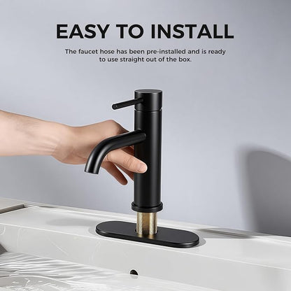 Bathroom Sink 1 Hole Single Handle Lever Faucets Stainless Steel | Pop Up Drain,Deck Plate,Flexible Hoses,1 or 3 Hole,Modern,for Vanity RV Bath Basin Wash Room Restroom Home,Matte Black