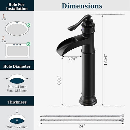 Matte Black Vessel Sink Faucet Tall Brass Waterfall Faucet for Vessel Sink | Bathroom Faucets Farmhouse Single Hole Single Handle Vanity Lavatory Without Overflow Pop Up Drain for Washroom by BATHLAVISH