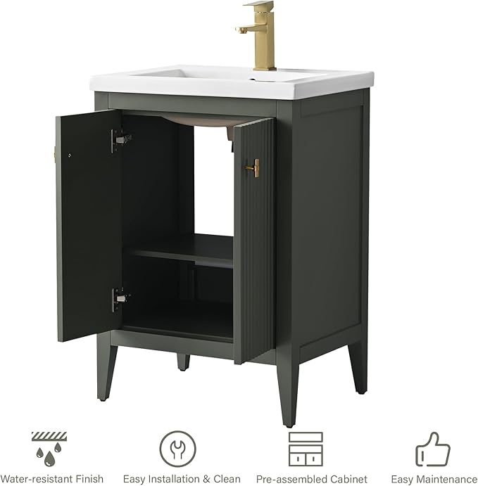 HOMEBEYOND 24" Bathroom Vanity with Ceramic Sink, Solid Wood Free-Standing Vanities Cabinet, Ceramic Top, Golden Brushed Handware & Soft Closing Door, Vintage Green