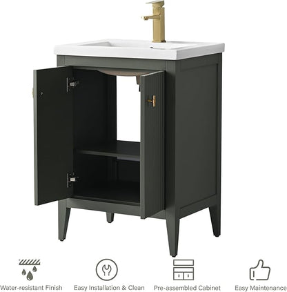 HOMEBEYOND 24" Bathroom Vanity with Ceramic Sink, Solid Wood Free-Standing Vanities Cabinet, Ceramic Top, Golden Brushed Handware & Soft Closing Door, Vintage Green