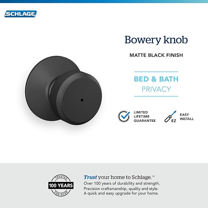 Schlage F40 BWE 622 Bowery Door Knob, Bed & Bath Privacy Lock, Matte Black