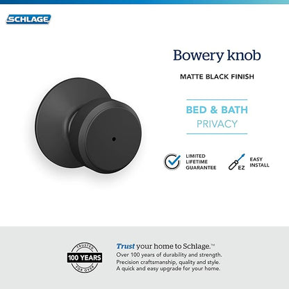 Schlage F40 BWE 622 Bowery Door Knob, Bed & Bath Privacy Lock, Matte Black