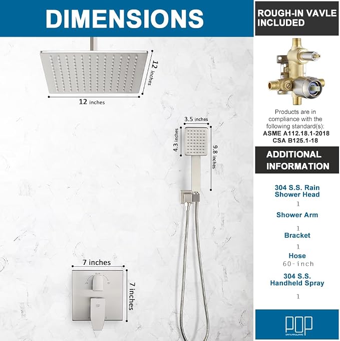 12 Inch Ceiling Mount Shower Faucet Set Brushed Nickel Ceiling Rainfall Shower Head and Handle Set Bathroom Rain Shower System Include Shower Valve and Trim Kit