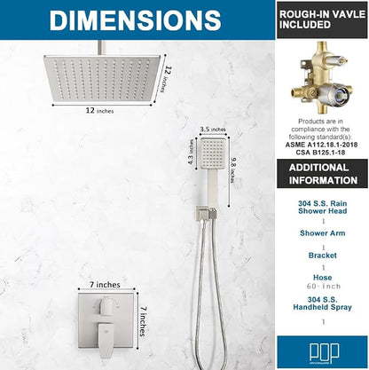 12 Inch Ceiling Mount Shower Faucet Set Brushed Nickel Ceiling Rainfall Shower Head and Handle Set Bathroom Rain Shower System Include Shower Valve and Trim Kit