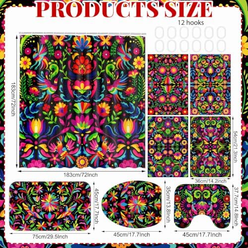 FuWeave 8 Pcs Mexico Floral Shower Curtain Set for Bathroom Decor Include Mexican Folk Art Floral Bird Shower Curtain Towels Non Slip Rugs Toilet Lid Cover Colorful Bohemian Bath Mat and 12 Hooks