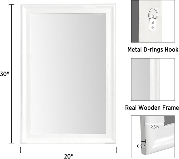 Tanmicoshomy White Bathroom Mirror 20x30 Inch, Wood Wall Mirror with Tempered Glass for Bathroom Living Room Bedroom or Hallway