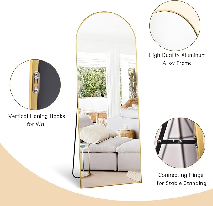 Dewfig Arched Full Length Mirror, 58"X18" Large Full Body Mirror, Gold | Aluminum Alloy Frame Floor Mirror, HD Shatterproof Tempered Glass, Lean/Stand/Wall for Living Room,Bedroom, Dressing Room