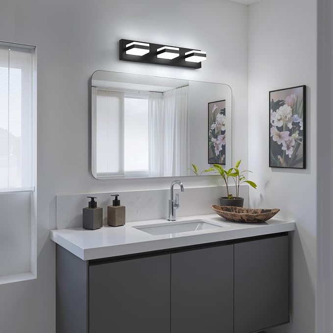 Bathroom Lighting Fixtures Over Mirror, 3 Light Black Vanity Light | Cool White, 5000K, Modern Vanity Wall Lights for Bath, Dressing Room, Restroom, 21.6 inch