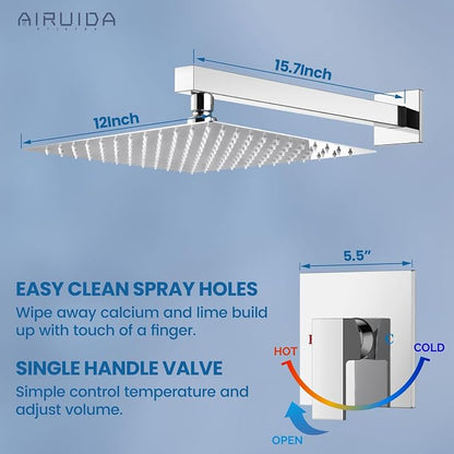Airuida Shower Faucet Set,12 Inch Shower Valve Kit,Chrome Polish | Male Threads,Rough-in Valve Shower Trim Kit,Single Handle Control Shower Set