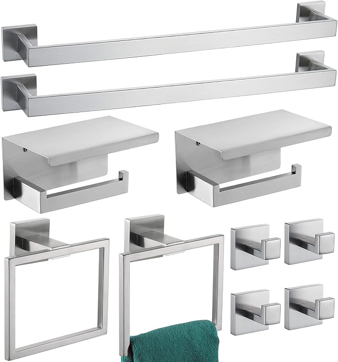 Bathroom Hardware Set Piece Brushed Nickel Bathroom Accessories Set SUS304 Towel Bar Set Includes 2 Towel Bar 24 Inch+2 Towel Holder+2 Toilet Paper Holder+4 Towel Hooks (10, Brushed Nickel)