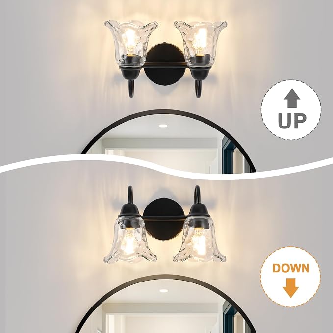 Bathroom Light Fixtures over Mirror, 2 Lights Vintage Wall Sconces with Hammered Glass Shade, 12.6" Matte Black Farmhouse Bathroom Wall Light Fixtures for Bedroom, Porch, Hotel, Mirror Cabinet
