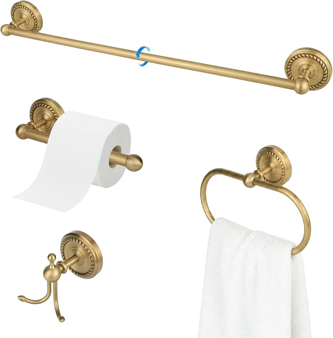 Antique Brass Bathroom Hardware Set, 4 Pieces Vintage Brass Bathroom Kit Accessories Sets Includes 24-inch Towel Bar, Towel Ring, Robe Hook & Toilet Paper Holder, Wall Mounted