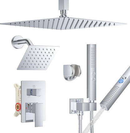 Rain Shower System 12" & 6" Dual Shower Heads Ceiling Shower Faucet Set | Ideal for bathroom remodels and upgrades with 12" rain shower, 6" angled shower, handheld spray and complete valve kit.