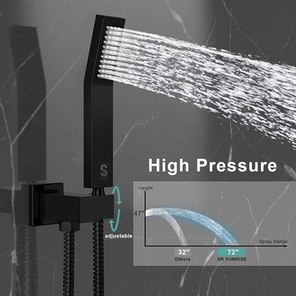 SR SUN RISE 16 Inch All Metal Square Shower System with Tub Spout, Tub Shower Faucet Set, High Pressure Rain Shower Head and Handheld Sprayer Shower Fixtues, Valve Included, Matte Black
