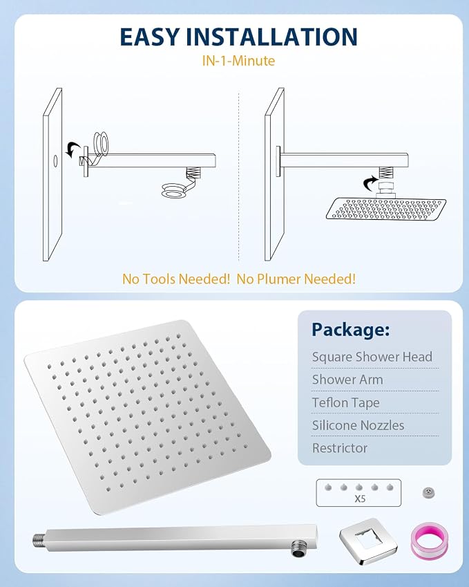 Rain Shower Head with Extension Arm Polished Chrome, 12" Rainfall Square Showerhead with 16" Shower Arm All Stainless Steel, 144 Outlets Waterfall Full Body Coverage