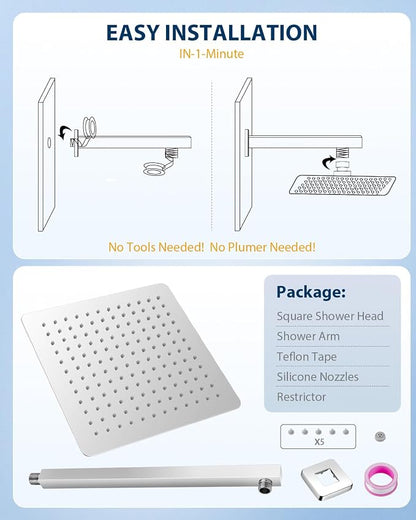 Rain Shower Head with Extension Arm Polished Chrome, 12" Rainfall Square Showerhead with 16" Shower Arm All Stainless Steel, 144 Outlets Waterfall Full Body Coverage