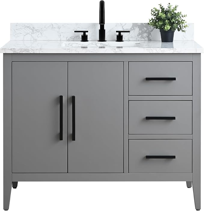 42 Inch Bathroom Vanity with Sink & Ceramic Top, Single Vanity Cabinet with Basin, Soft-Closing Doors & Matte Black Hardware, Grey