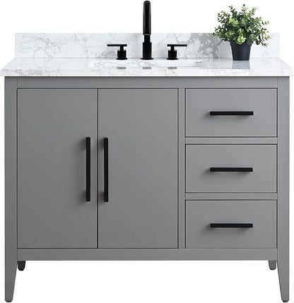42 Inch Bathroom Vanity with Sink & Ceramic Top, Single Vanity Cabinet with Basin, Soft-Closing Doors & Matte Black Hardware, Grey