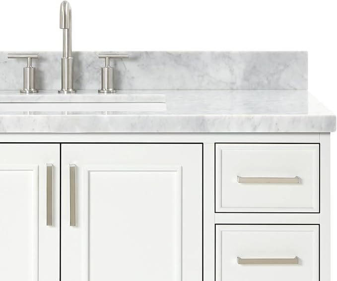 Langford 48-inch White Bathroom Vanity with Center Rectangle Single Sink, Italian Carrara Marble Countertop & Backsplash, Solid Wood Frame, Soft-Closing & Dovetail Drawers