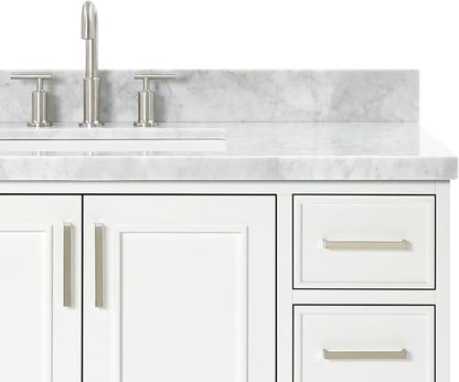 Langford 48-inch White Bathroom Vanity with Center Rectangle Single Sink, Italian Carrara Marble Countertop & Backsplash, Solid Wood Frame, Soft-Closing & Dovetail Drawers