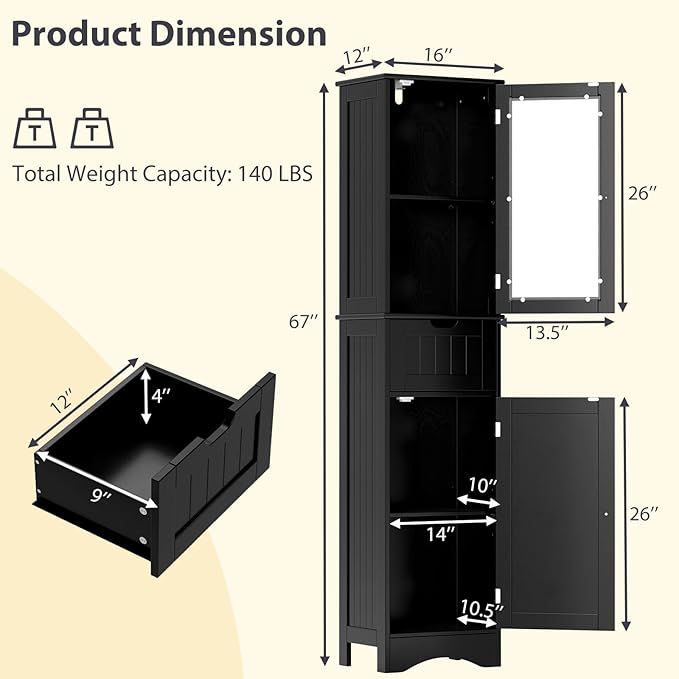 COSTWAY 67” Tall Bathroom Storage Cabinet, Freestanding Floor Cabinet with 2 Doors & 1 Drawer, 3-Level Adjustable Shelves, Narrow Slim Linen Tower for Bathroom, Living Room, Kitchen (Black)
