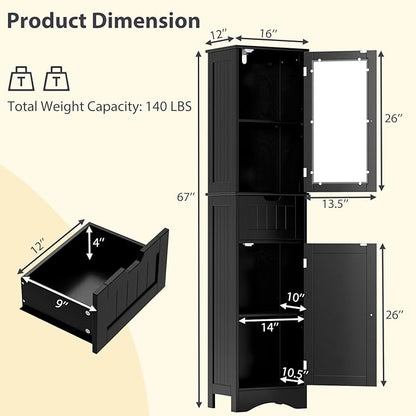COSTWAY 67” Tall Bathroom Storage Cabinet, Freestanding Floor Cabinet with 2 Doors & 1 Drawer, 3-Level Adjustable Shelves, Narrow Slim Linen Tower for Bathroom, Living Room, Kitchen (Black)