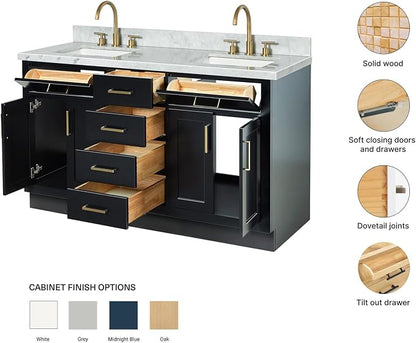ARIEL Hepburn 60-inch Bathroom Vanity with Sink,Solid Wood, 1.5-inch Italian Carrara Marble Countertop, Double Rectangular Porcelain Sink, 4 Soft Closing Doors, 6 Dovetail Drawers, Black