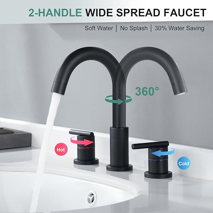 Faustina Black Bathroom Faucets,8 Inch Widespread Bathroom Faucet for Sink 3 Hole,Bathroom Faucet with Pop Up Drain,cUPC Water Supply Line,2-Handles Stainless Steel Vessel Sink Faucet Basin Mixer Tap