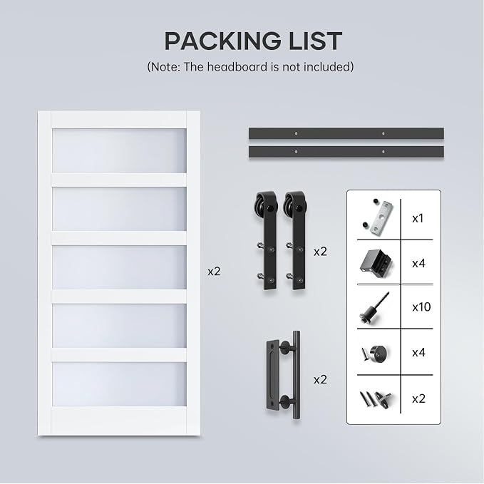 Double 42×84 Inch Glass Barn Door Slab and 14ft Hardware Kit Included, 5 Frosted Glass, LVL Wood Panel Covered with White Water-Proof Scratch-Proof PVC Surface, Simple DIY Assembly