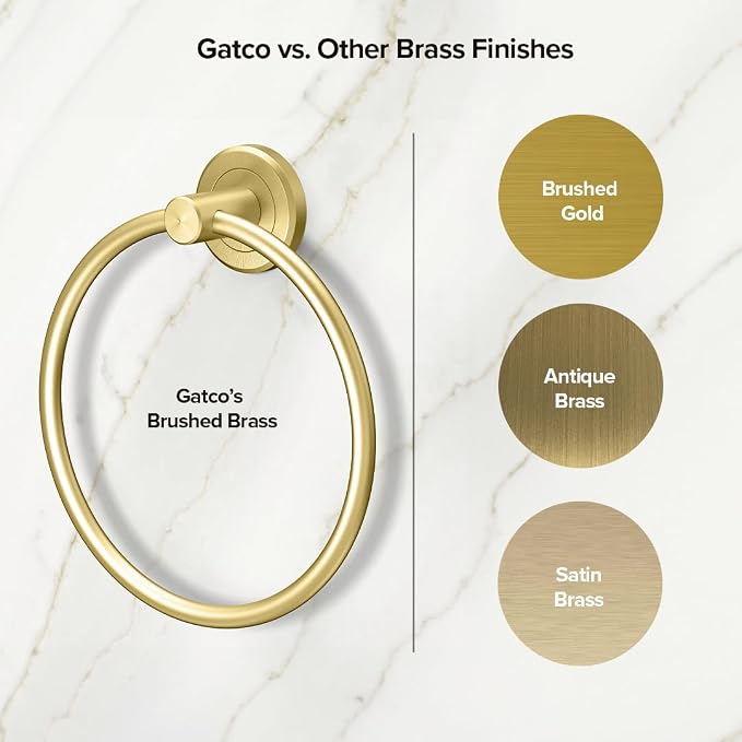 Gatco 4232 Latitude II Towel Ring, | Modern Hand Towel Holder for Bathroom | Stylish Decorative Hardware, Heavy Duty Metal, EZ Ancor Mounting | Brushed Brass