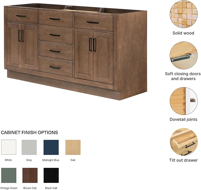ARIEL Hepburn 66-inch Bathroom Vanity Base Cabinet,Solid Wood, 4 Soft Closing Doors, 6 Dovetail Drawers, Brown Oak