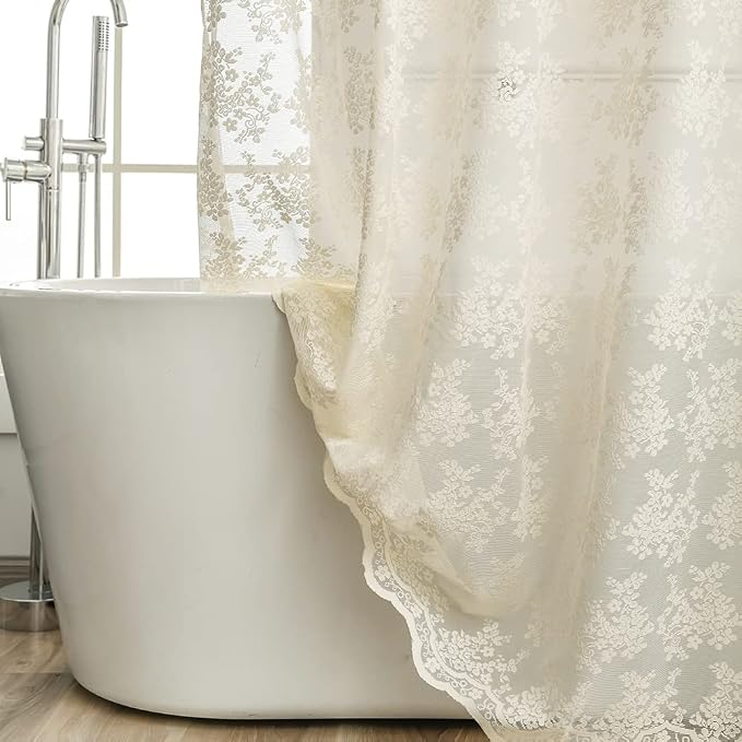 Ivory Lace Shower Curtain 72x72, Vintage Shabby Chic with Attached Valance | Fancy Shower Curtain with Scalloped, Flower Lace, Light-Filtering for Luxury Elegant Shabby Chic Bathrooms Light Beige