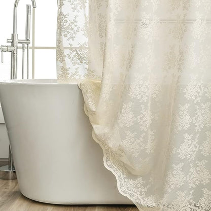 Ivory Lace Shower Curtain 72x72, Vintage Shabby Chic with Attached Valance | Fancy Shower Curtain with Scalloped, Flower Lace, Light-Filtering for Luxury Elegant Shabby Chic Bathrooms Light Beige