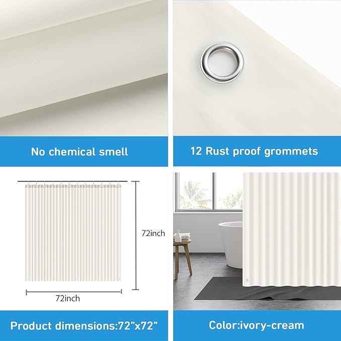 EHZNZIE Shower Curtain Liner Light Weight PEVA, Shower Liner 72x72 Inches, Waterproof, No Chemical Smell with 12 Rust Proof Metal Grommets for Bathroom Shower Curtain, Cream