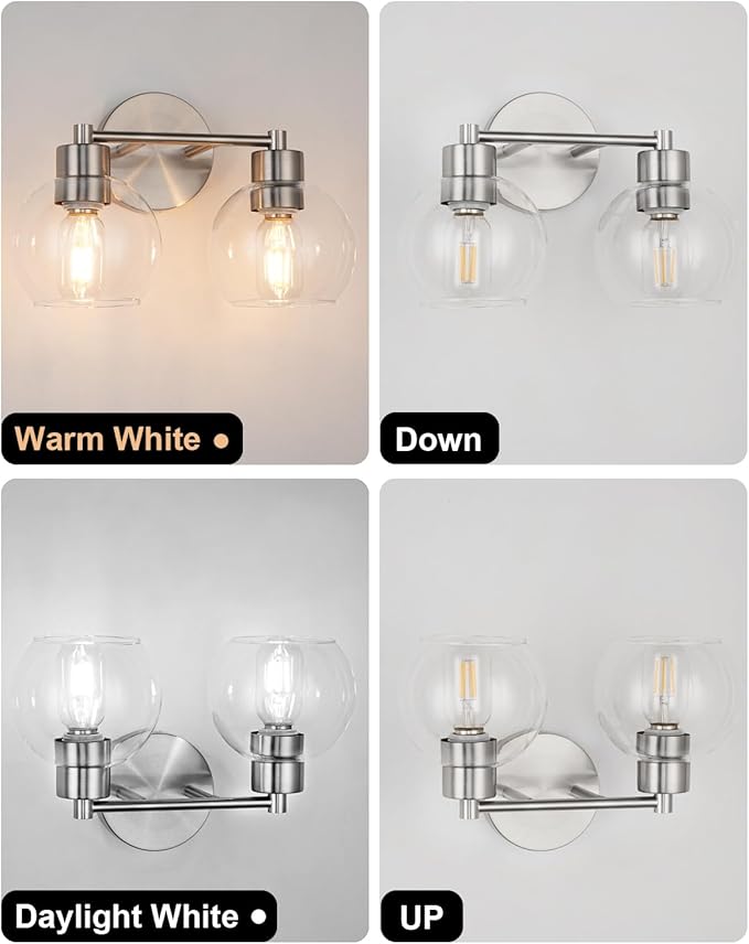 WILON 2-Light Bathroom Vanity Light, Brushed Nickel Vanity Lights for Bathroom, Modern Light Fixtures Over Mirror, Silver Sconces Wall Lamp for Living Room Bedroom Kitchen